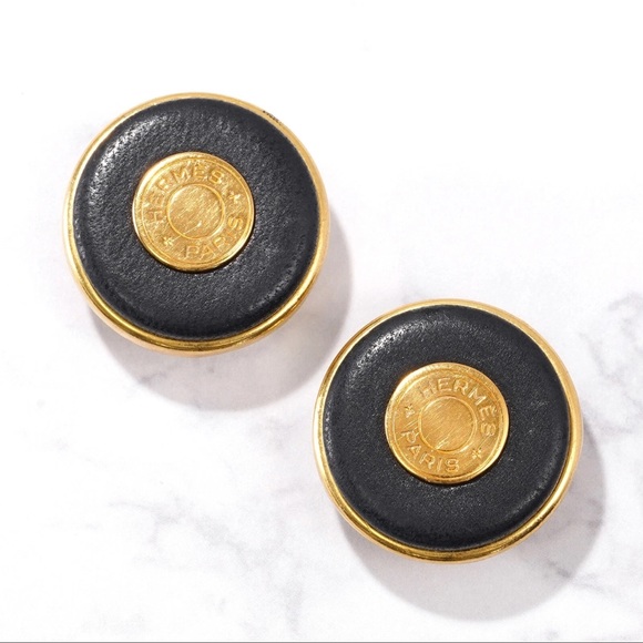 HERMES Selle Clip On Earrings Black Leather Gold Button - Picture 2 of 8